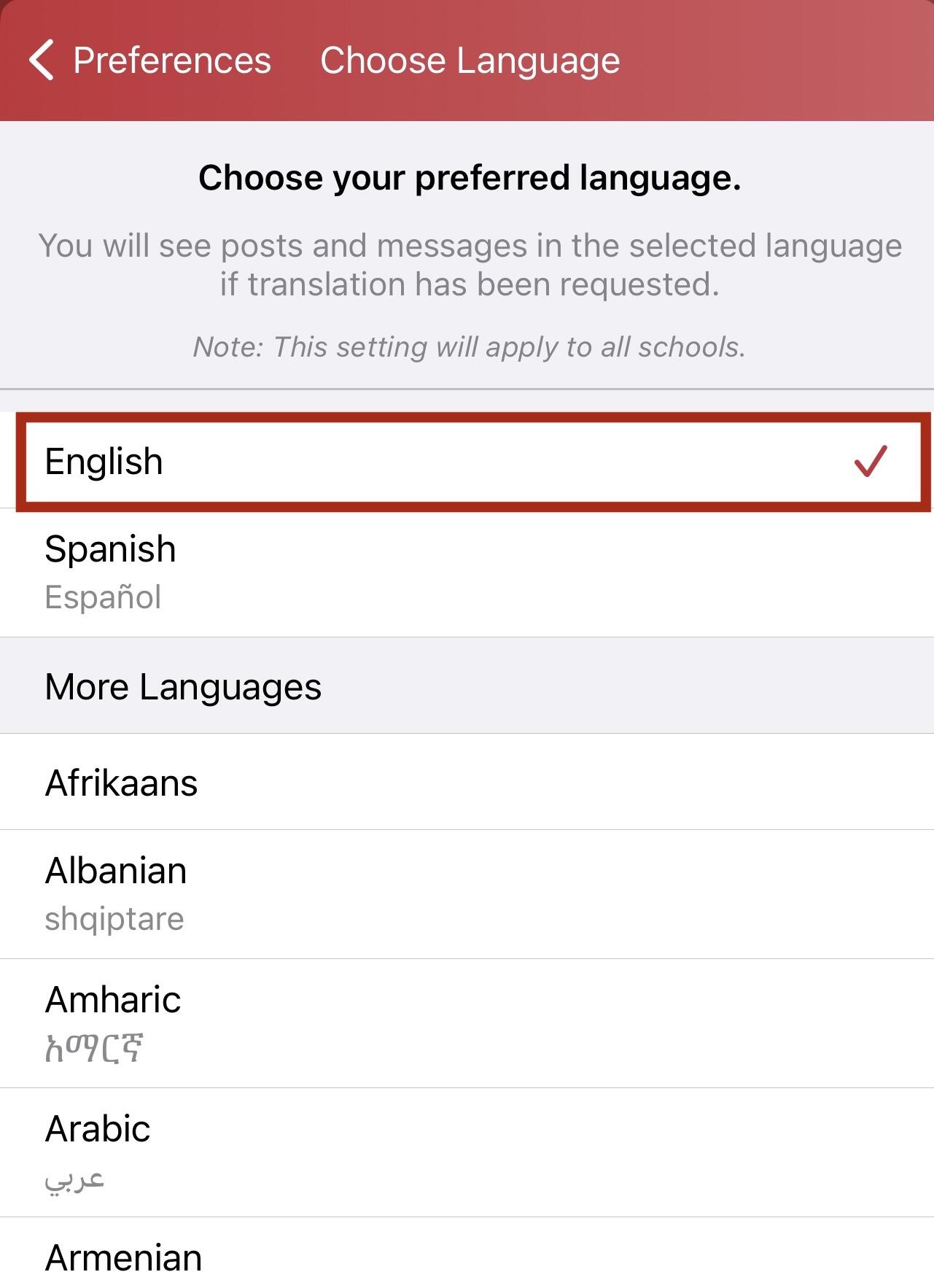 Wybór języka w ParentSquare