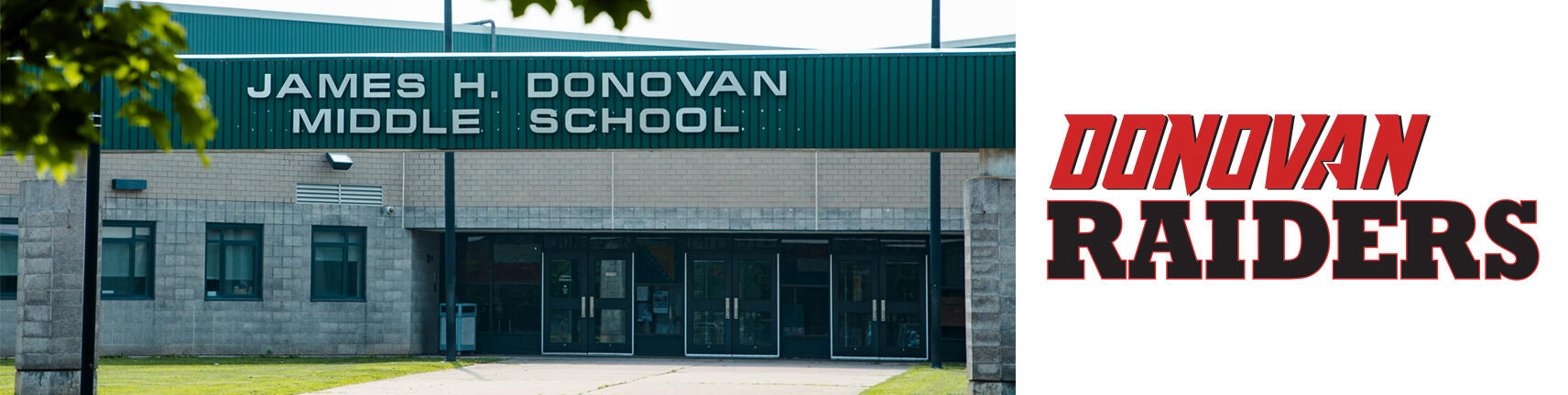 Zdjęcie budynku szkoły Donovan i logo Donovan Raiders