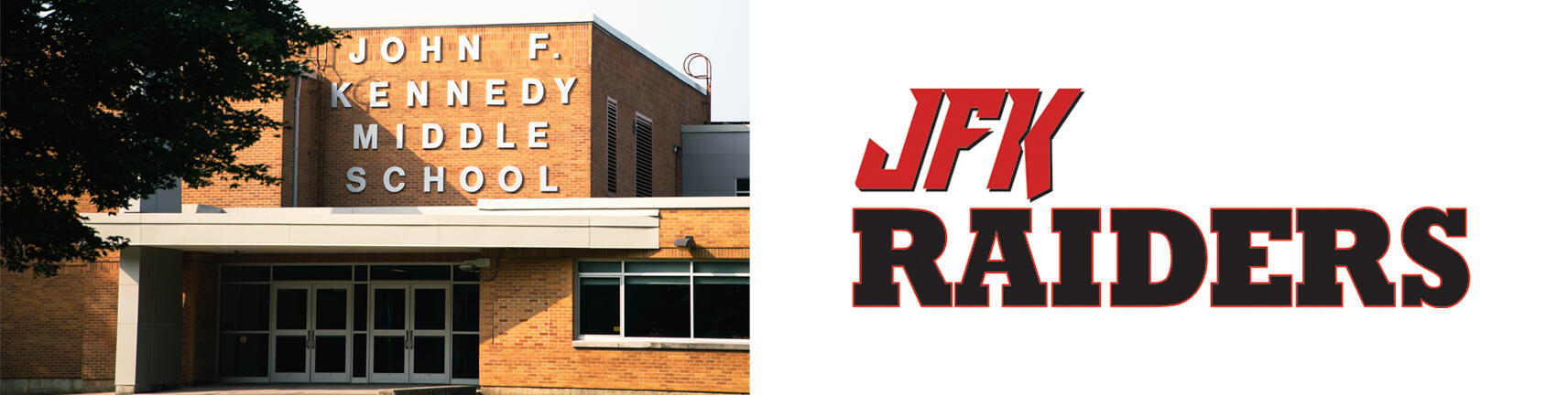 Zdjęcie budynku szkoły JFK i logo JFK Raiders